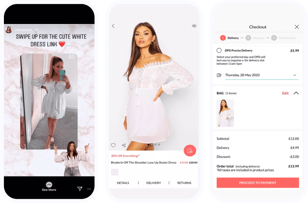 Three images showing a user flow from an influencer Instagram post to a checkout page in the Boohoo app.