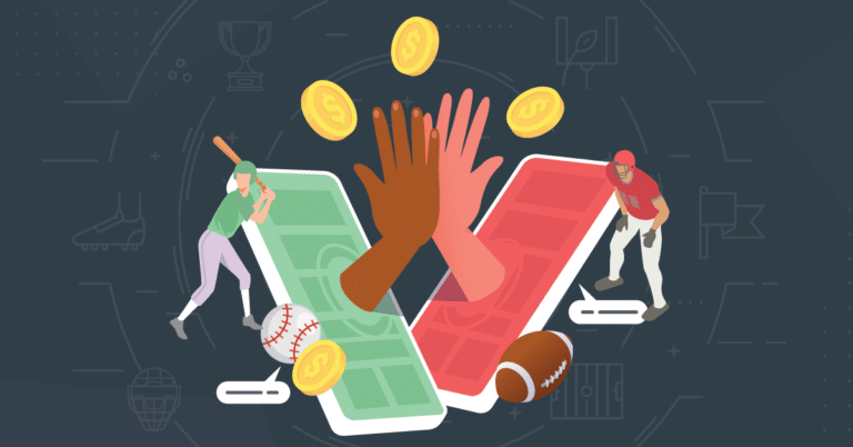 Illustration of baseball betting with players, coins, and a hand catching a ball on a digital interface.