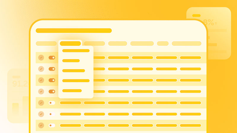 Stylized graphic of a webpage layout with abstract text lines and buttons on a yellow background.