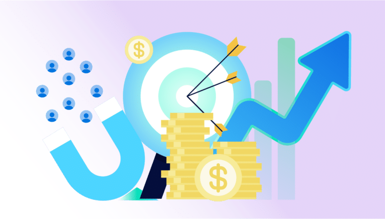 Illustration of financial growth with coins, arrow up, target, and magnet.
