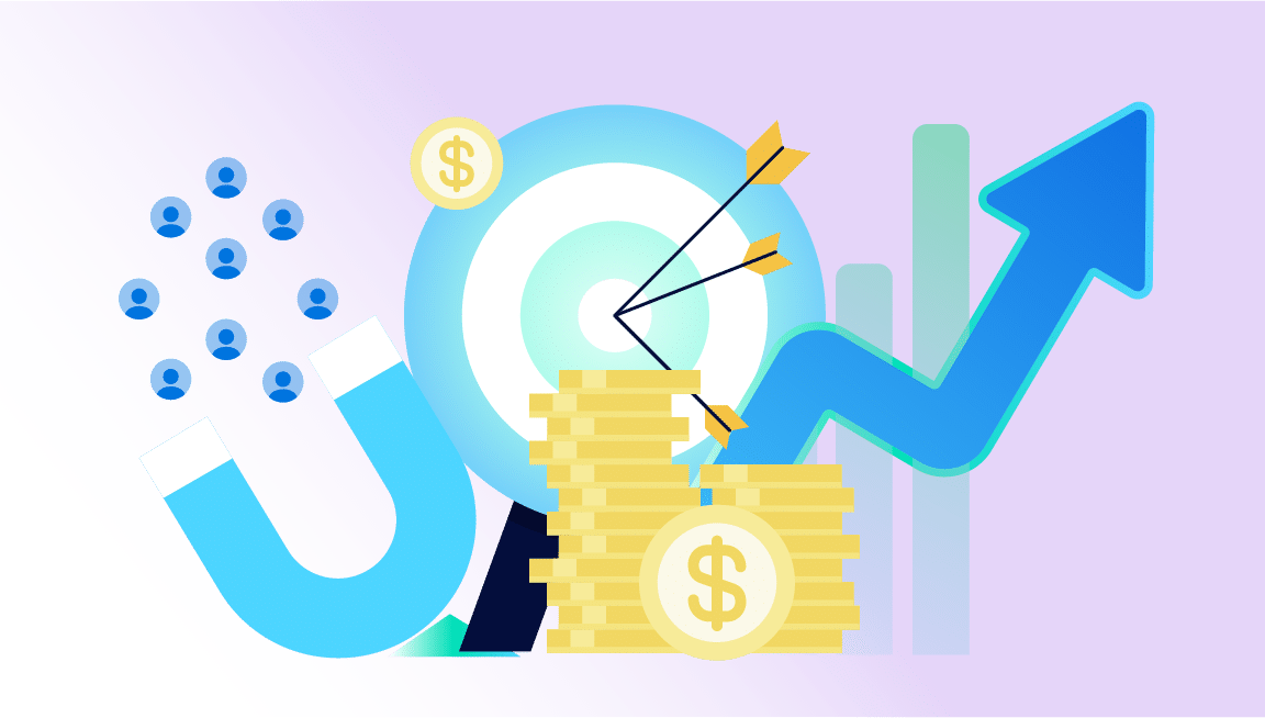 Illustration of financial growth with coins, arrow up, target, and magnet.