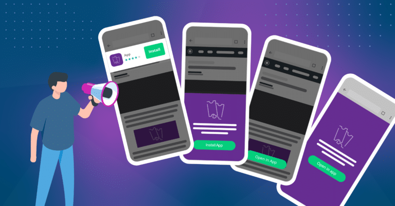 Illustration of a person with a megaphone looking at three mobile screens displaying app interfaces.