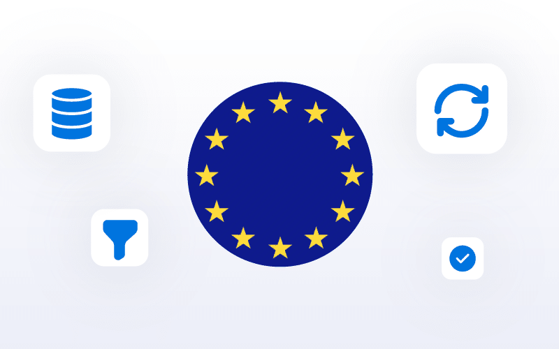 An EU flag in the center surrounded by four icons: database, filter, sync, and checkmark.