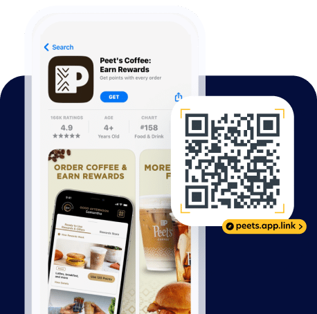 Peet's Coffee app interface displaying rewards, ratings, and a QR code for easy app access.