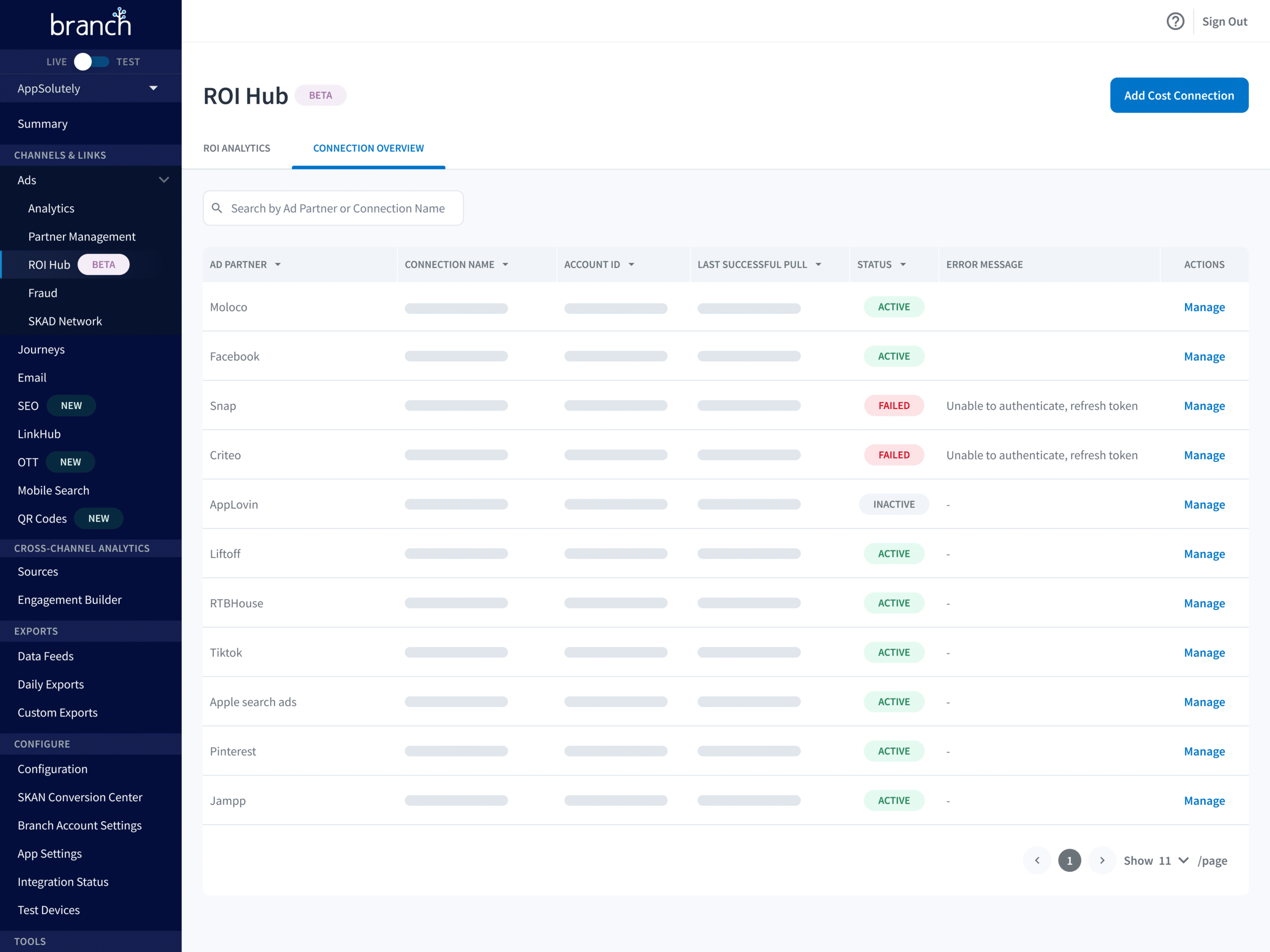 Dashboard displaying the ROI Hub connection overview, listing ad partners, statuses, and management options for each connection.