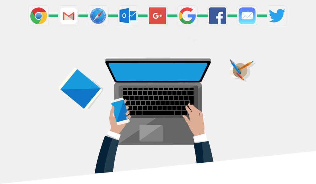 A person using a laptop and smartphone, surrounded by various app icons like Chrome, Gmail, Facebook, Google, and Twitter.