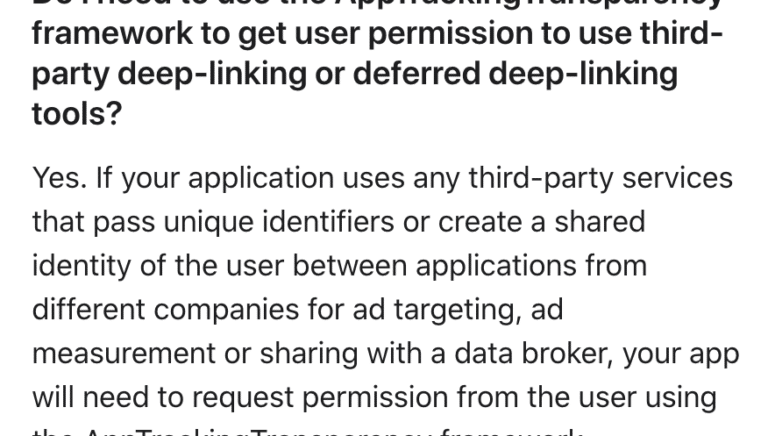 Text regarding requiring user permission for app tracking involving third-party services.
