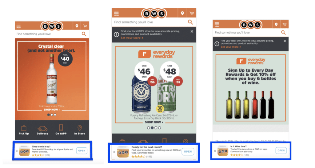 Three mobile app screens from BWS showcasing alcohol products and promotional offers.