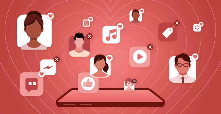 A smartphone surrounded by diverse user icons and social media logos, set against a heart-themed red background.