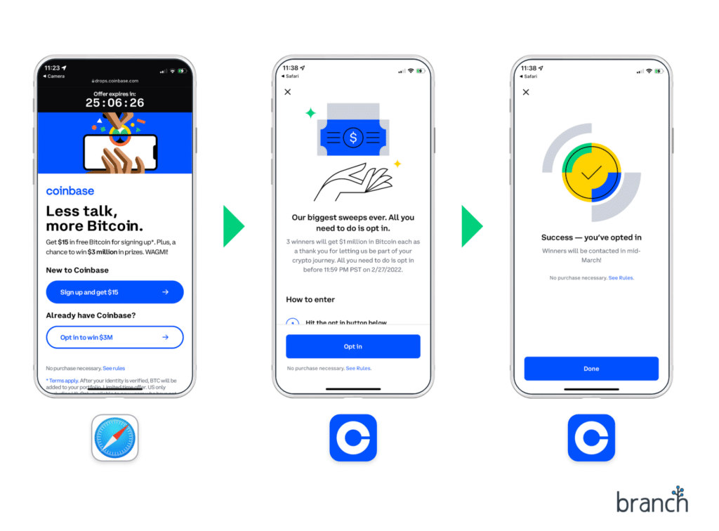 user flow for existing coinbase users who scanned the Superbowl QR code commercial
