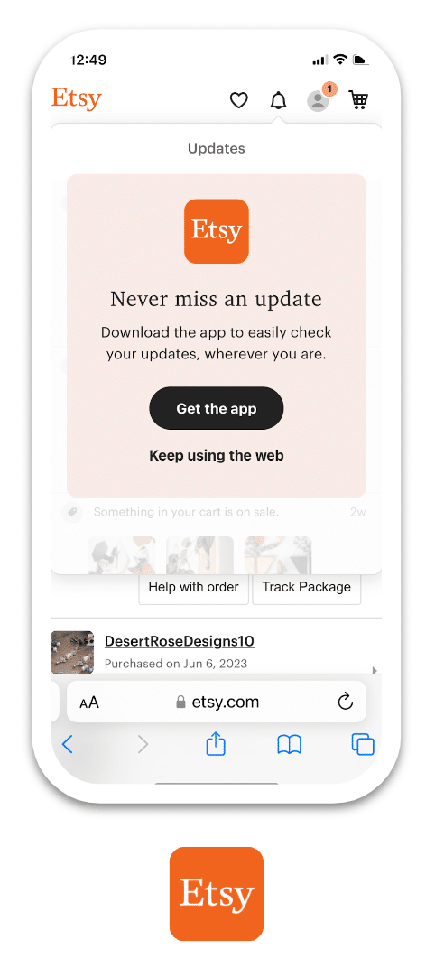 Screenshot of the Esty mobile website showing a CTA button to get the app below text that reads, "Never miss an update. Download the app to easily check your updates, wherever you are."