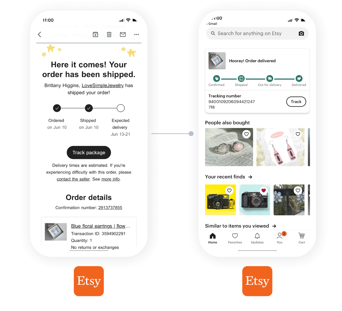 Screenshots of the Etsy app showcasing the email-to-app user flow when receiving an order confirmation email. The user is prompted to track the package in the app.