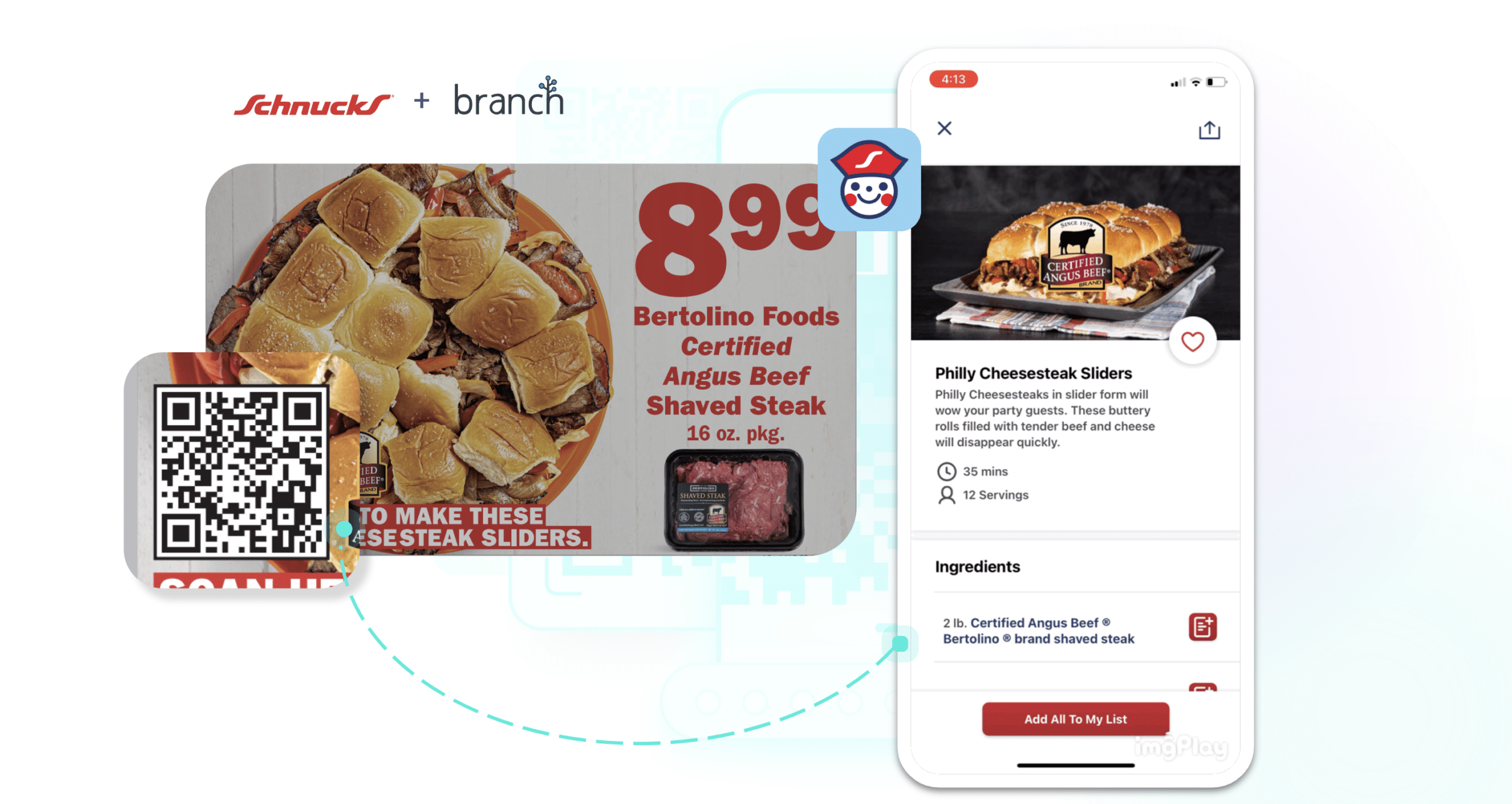 An advertisement featuring an image of mini slider sandwiches is shown. Text on the advertisement reads "8.99: Bertolini Foods Certified Angus Beef Shaved Steak: 16 oz. pkg." Below the image, additional text reads "Scan Here To Make These Philly Cheesesteak Sliders" next to a QR code, and the QR code is magnified. A dotted line connects the QR code to an image of a smartphone in the camera feature in the process of scanning the QR code from the advertisement. A heading above reads "Schnucks + Branch."