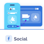 Illustration of a mobile interface linked to a desktop screen, featuring social media interactions and notification icons.