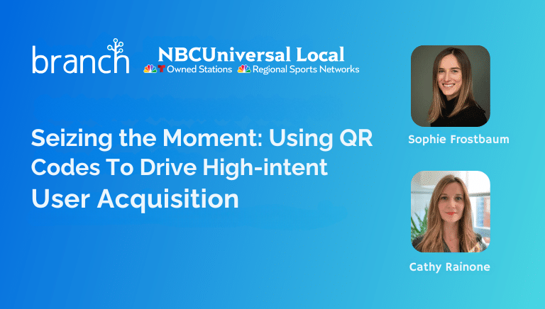 A promotional graphic featuring a title about using QR codes for user acquisition, with images of two speakers, Sophie Frostbaum and Cathy Rainone.