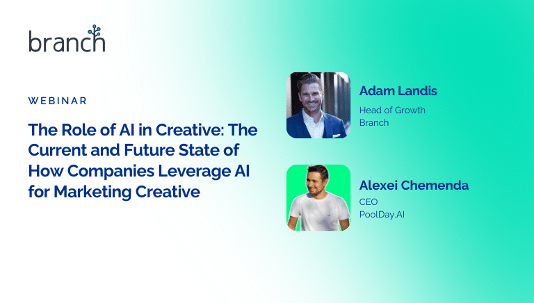 Webinar banner titled "The Role of AI in Creative," featuring names and titles of speakers Adam Landis and Alexei Chemenda.