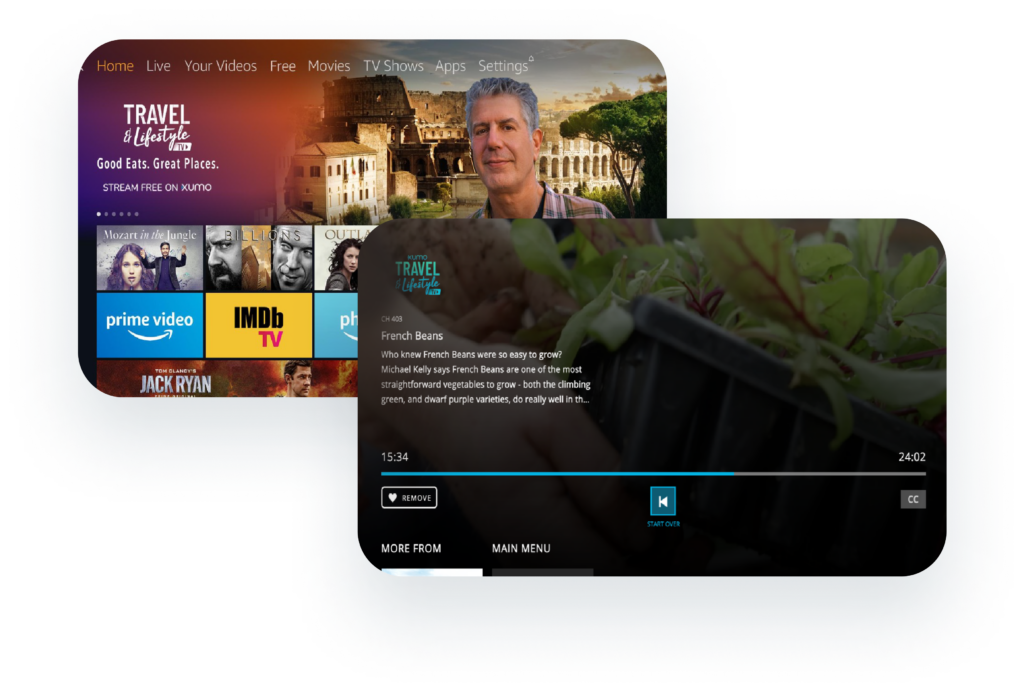 Smart TV interface displaying menu options like Home, Live, Your Videos, with a featured travel show thumbnail.