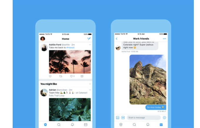 Two smartphone screens displaying a Twitter feed on a blue background, featuring posts and messages from friends.