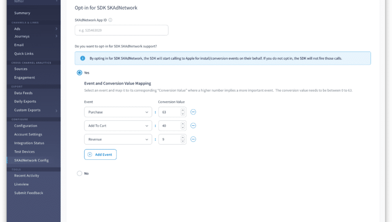 Screenshot of SDK SKAdNetwork configuration, showcasing options for event tracking and conversion value mapping settings.
